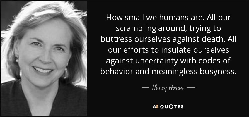 How small we humans are. All our scrambling around, trying to buttress ourselves against death. All our efforts to insulate ourselves against uncertainty with codes of behavior and meaningless busyness. - Nancy Horan