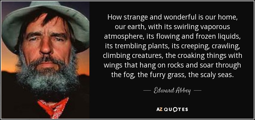 How strange and wonderful is our home, our earth, with its swirling vaporous atmosphere, its flowing and frozen liquids, its trembling plants, its creeping, crawling, climbing creatures, the croaking things with wings that hang on rocks and soar through the fog, the furry grass, the scaly seas. - Edward Abbey