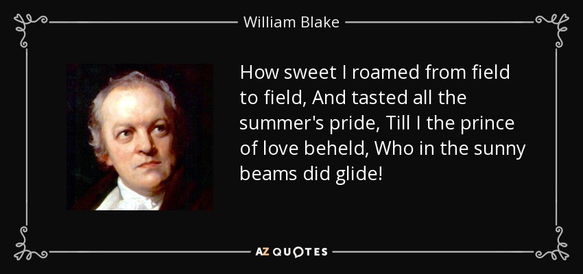 How sweet I roamed from field to field, And tasted all the summer's pride, Till I the prince of love beheld, Who in the sunny beams did glide! - William Blake