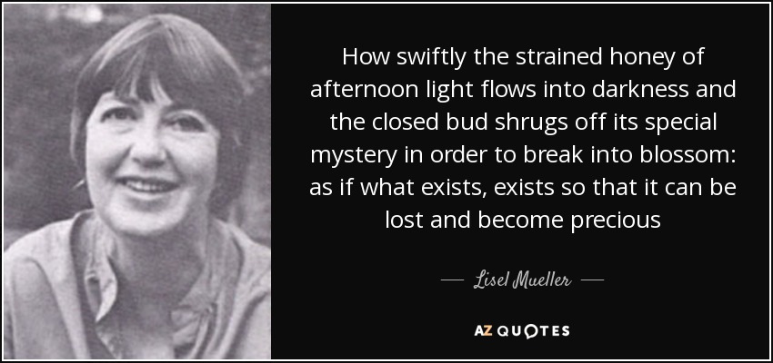 How swiftly the strained honey of afternoon light flows into darkness and the closed bud shrugs off its special mystery in order to break into blossom: as if what exists, exists so that it can be lost and become precious - Lisel Mueller