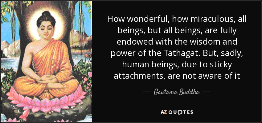 How wonderful, how miraculous, all beings, but all beings, are fully endowed with the wisdom and power of the Tathagat. But, sadly, human beings, due to sticky attachments, are not aware of it - Gautama Buddha