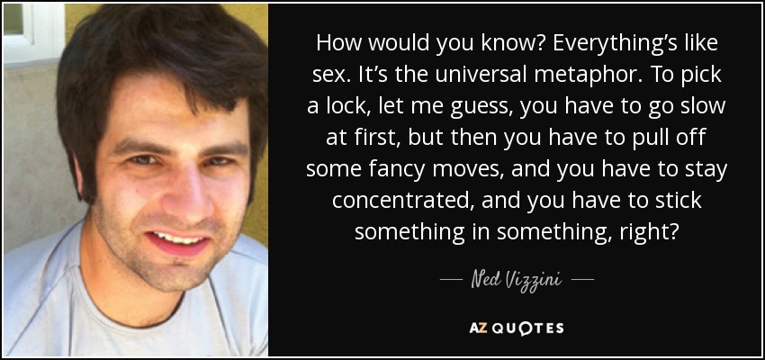 How would you know? Everything’s like sex. It’s the universal metaphor. To pick a lock, let me guess, you have to go slow at first, but then you have to pull off some fancy moves, and you have to stay concentrated, and you have to stick something in something, right? - Ned Vizzini