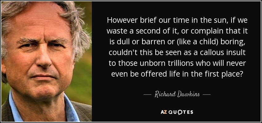 However brief our time in the sun, if we waste a second of it, or complain that it is dull or barren or (like a child) boring, couldn't this be seen as a callous insult to those unborn trillions who will never even be offered life in the first place? - Richard Dawkins