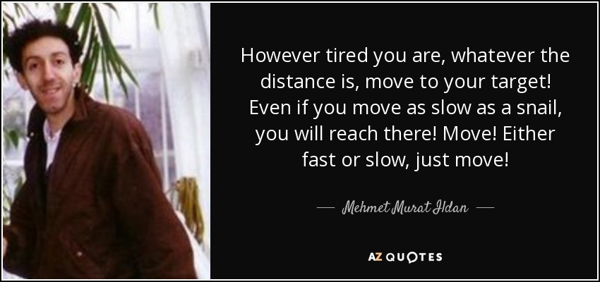 However tired you are, whatever the distance is, move to your target! Even if you move as slow as a snail, you will reach there! Move! Either fast or slow, just move! - Mehmet Murat Ildan
