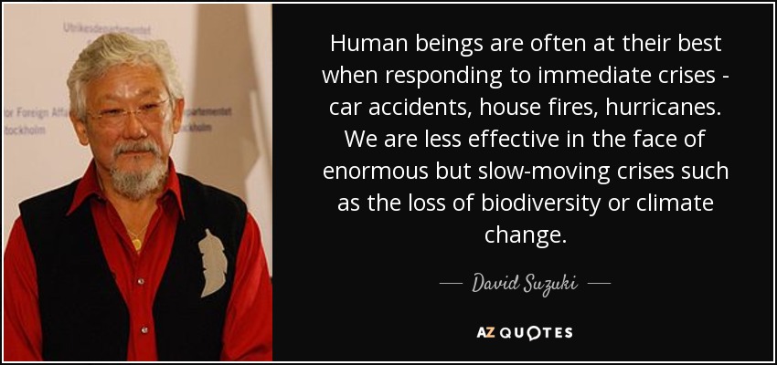 Human beings are often at their best when responding to immediate crises - car accidents, house fires, hurricanes. We are less effective in the face of enormous but slow-moving crises such as the loss of biodiversity or climate change. - David Suzuki