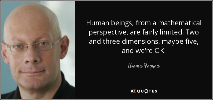 Human beings, from a mathematical perspective, are fairly limited. Two and three dimensions, maybe five, and we're OK. - Usama Fayyad