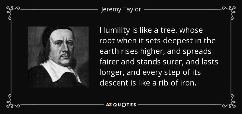 Humility is like a tree, whose root when it sets deepest in the earth rises higher, and spreads fairer and stands surer, and lasts longer, and every step of its descent is like a rib of iron. - Jeremy Taylor