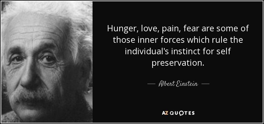 Hunger, love, pain, fear are some of those inner forces which rule the individual's instinct for self preservation. - Albert Einstein