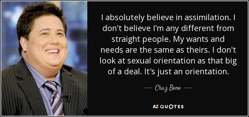 I absolutely believe in assimilation. I don't believe I'm any different from straight people. My wants and needs are the same as theirs. I don't look at sexual orientation as that big of a deal. It's just an orientation. - Chaz Bono