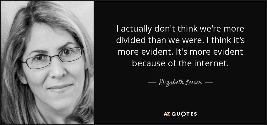 I actually don't think we're more divided than we were. I think it's more evident. It's more evident because of the internet. - Elizabeth Lesser