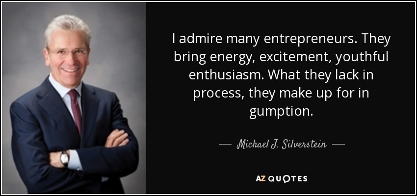 I admire many entrepreneurs. They bring energy, excitement, youthful enthusiasm. What they lack in process, they make up for in gumption. - Michael J. Silverstein
