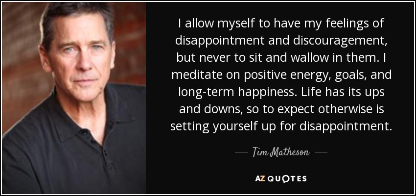 I allow myself to have my feelings of disappointment and discouragement, but never to sit and wallow in them. I meditate on positive energy, goals, and long-term happiness. Life has its ups and downs, so to expect otherwise is setting yourself up for disappointment. - Tim Matheson
