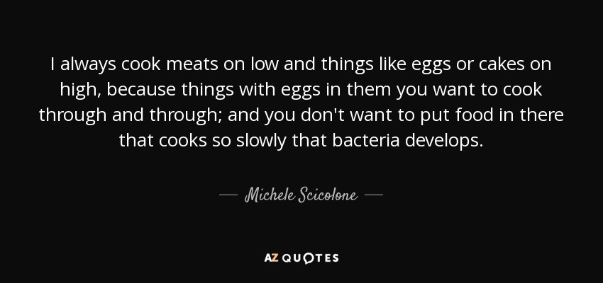 I always cook meats on low and things like eggs or cakes on high, because things with eggs in them you want to cook through and through; and you don't want to put food in there that cooks so slowly that bacteria develops. - Michele Scicolone