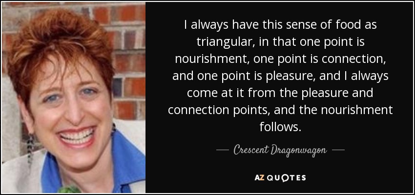 I always have this sense of food as triangular, in that one point is nourishment, one point is connection, and one point is pleasure, and I always come at it from the pleasure and connection points, and the nourishment follows. - Crescent Dragonwagon