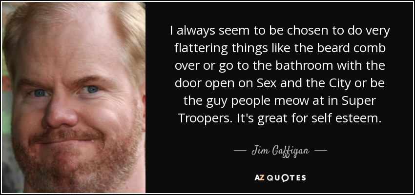 I always seem to be chosen to do very flattering things like the beard comb over or go to the bathroom with the door open on Sex and the City or be the guy people meow at in Super Troopers. It's great for self esteem. - Jim Gaffigan