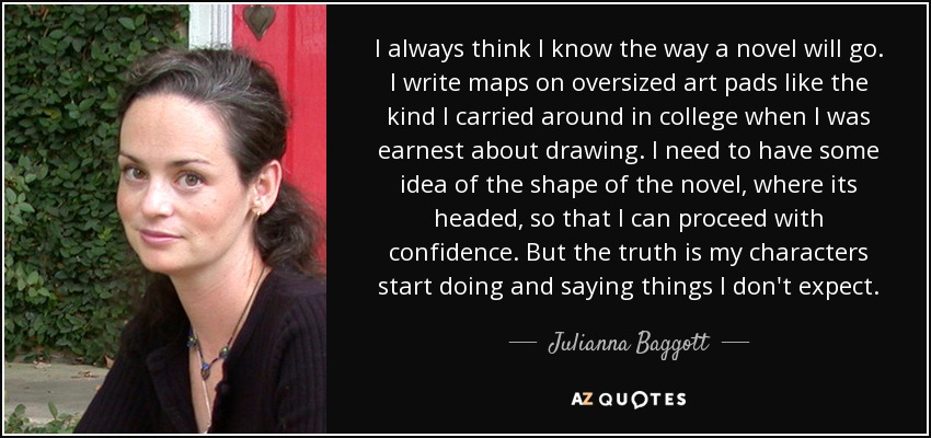 I always think I know the way a novel will go. I write maps on oversized art pads like the kind I carried around in college when I was earnest about drawing. I need to have some idea of the shape of the novel, where its headed, so that I can proceed with confidence. But the truth is my characters start doing and saying things I don't expect. - Julianna Baggott