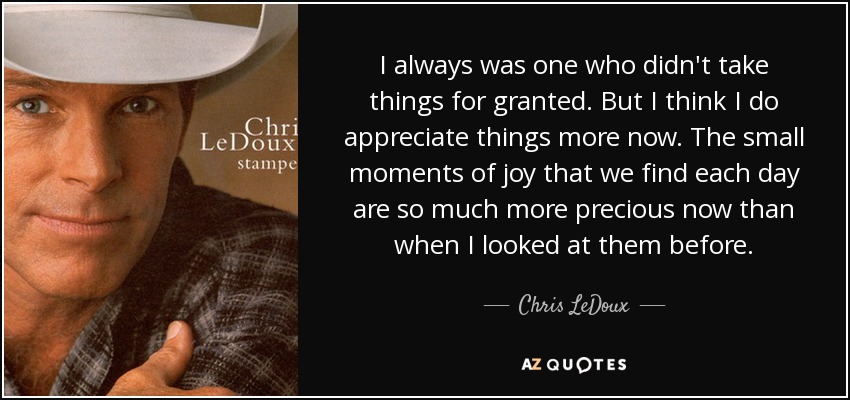 I always was one who didn't take things for granted. But I think I do appreciate things more now. The small moments of joy that we find each day are so much more precious now than when I looked at them before. - Chris LeDoux