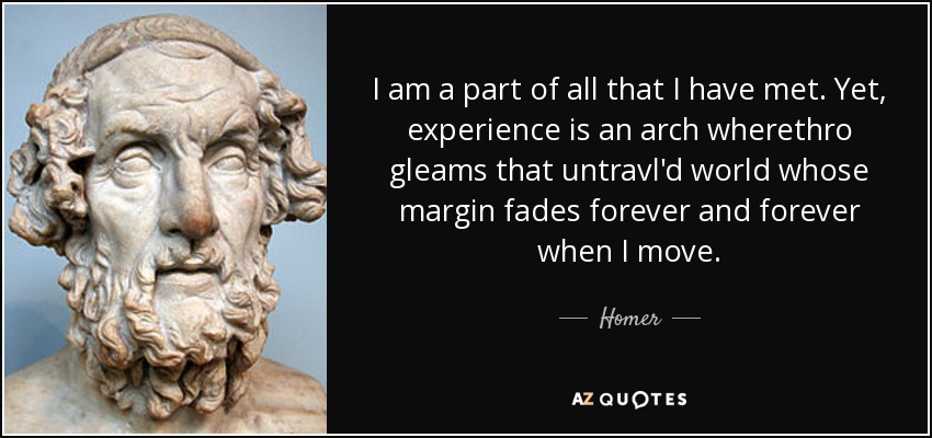 I am a part of all that I have met. Yet, experience is an arch wherethro gleams that untravl'd world whose margin fades forever and forever when I move. - Homer
