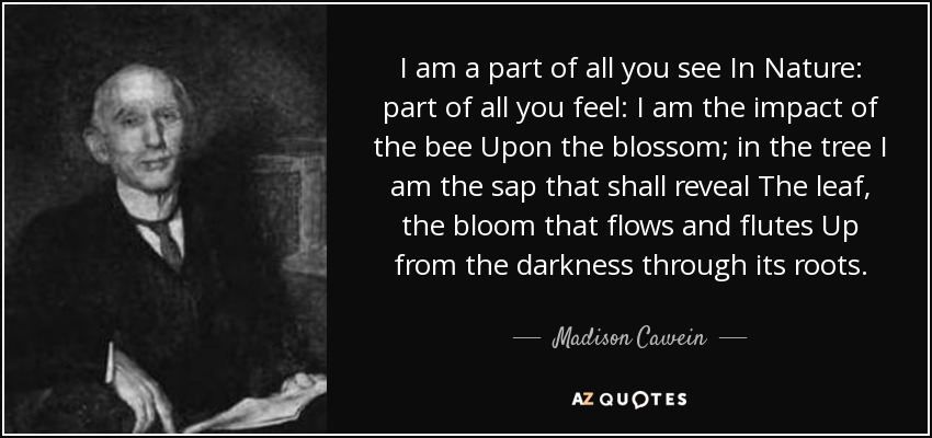 I am a part of all you see In Nature: part of all you feel: I am the impact of the bee Upon the blossom; in the tree I am the sap that shall reveal The leaf, the bloom that flows and flutes Up from the darkness through its roots. - Madison Cawein