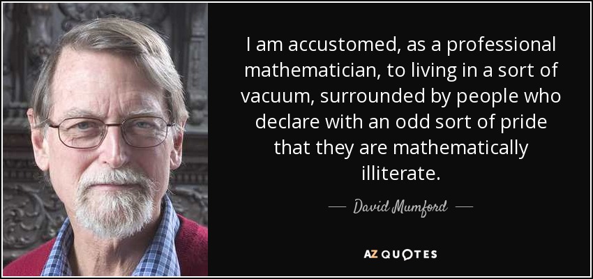 I am accustomed, as a professional mathematician, to living in a sort of vacuum, surrounded by people who declare with an odd sort of pride that they are mathematically illiterate. - David Mumford