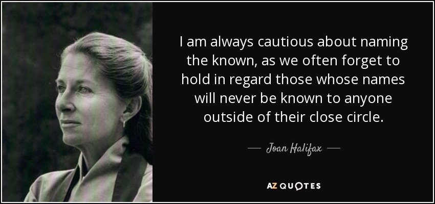 I am always cautious about naming the known, as we often forget to hold in regard those whose names will never be known to anyone outside of their close circle. - Joan Halifax