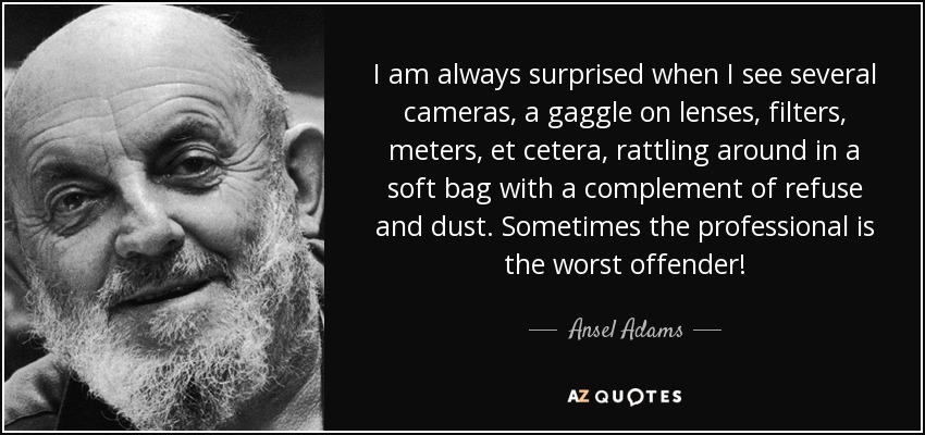 I am always surprised when I see several cameras, a gaggle on lenses, filters, meters, et cetera, rattling around in a soft bag with a complement of refuse and dust. Sometimes the professional is the worst offender! - Ansel Adams