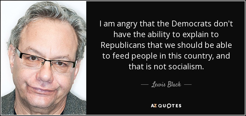 I am angry that the Democrats don't have the ability to explain to Republicans that we should be able to feed people in this country, and that is not socialism. - Lewis Black