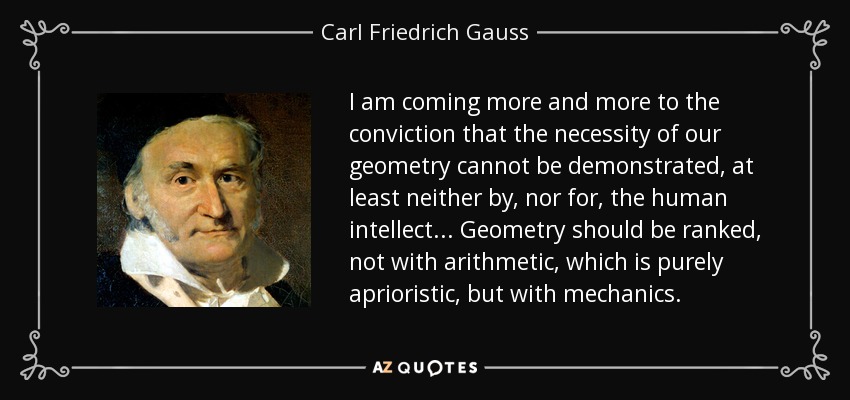 I am coming more and more to the conviction that the necessity of our geometry cannot be demonstrated, at least neither by, nor for, the human intellect. . . Geometry should be ranked, not with arithmetic, which is purely aprioristic, but with mechanics. - Carl Friedrich Gauss