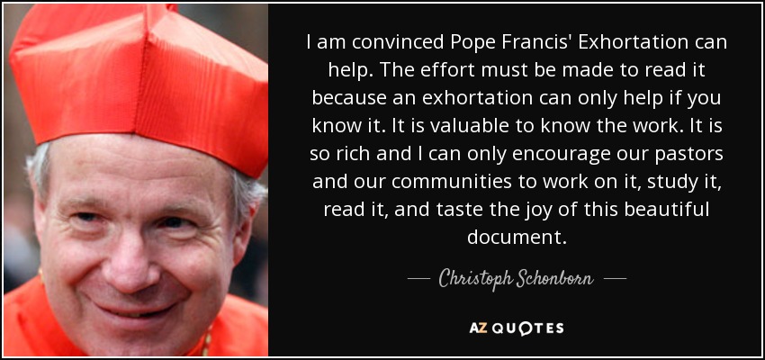 I am convinced Pope Francis' Exhortation can help. The effort must be made to read it because an exhortation can only help if you know it. It is valuable to know the work. It is so rich and I can only encourage our pastors and our communities to work on it, study it, read it, and taste the joy of this beautiful document. - Christoph Schonborn