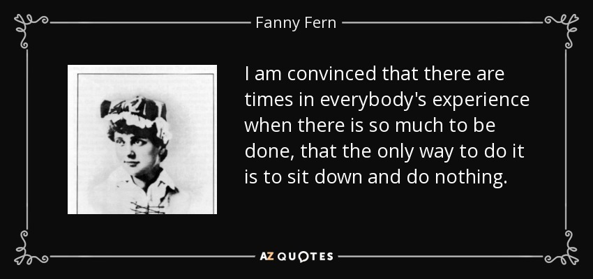 I am convinced that there are times in everybody's experience when there is so much to be done, that the only way to do it is to sit down and do nothing. - Fanny Fern