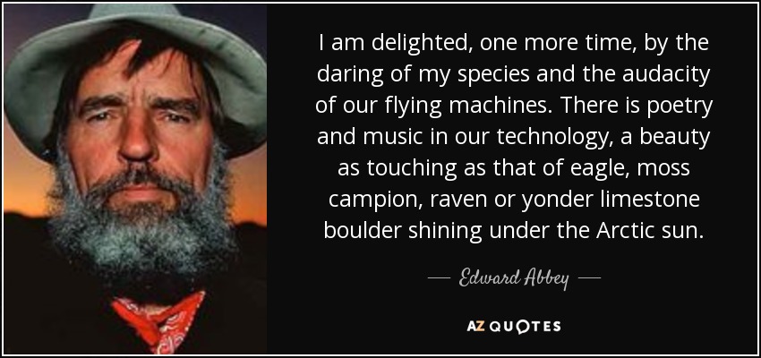 I am delighted, one more time, by the daring of my species and the audacity of our flying machines. There is poetry and music in our technology, a beauty as touching as that of eagle, moss campion, raven or yonder limestone boulder shining under the Arctic sun. - Edward Abbey