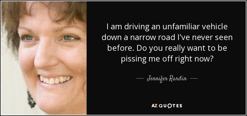 I am driving an unfamiliar vehicle down a narrow road I've never seen before. Do you really want to be pissing me off right now? - Jennifer Rardin