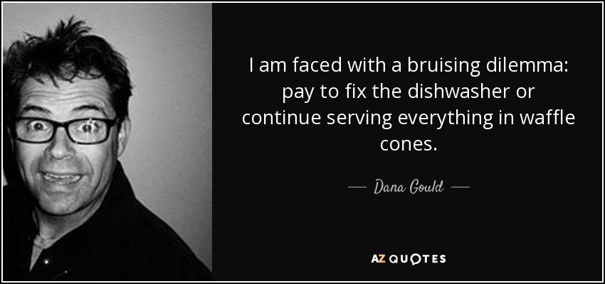 I am faced with a bruising dilemma: pay to fix the dishwasher or continue serving everything in waffle cones. - Dana Gould