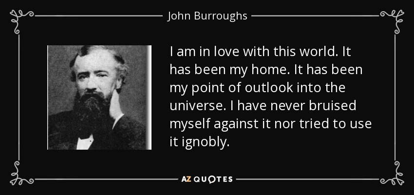 I am in love with this world. It has been my home. It has been my point of outlook into the universe. I have never bruised myself against it nor tried to use it ignobly. - John Burroughs