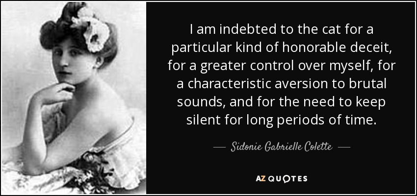 I am indebted to the cat for a particular kind of honorable deceit, for a greater control over myself, for a characteristic aversion to brutal sounds, and for the need to keep silent for long periods of time. - Sidonie Gabrielle Colette