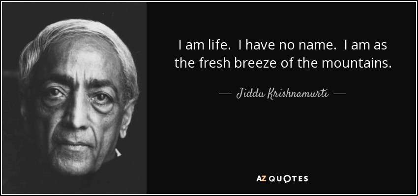 I am life. I have no name. I am as the fresh breeze of the mountains. - Jiddu Krishnamurti