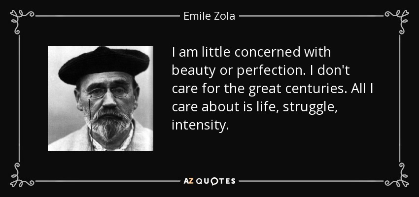 I am little concerned with beauty or perfection. I don't care for the great centuries. All I care about is life, struggle, intensity. - Emile Zola