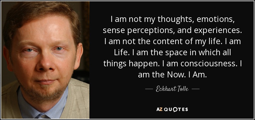 I am not my thoughts, emotions, sense perceptions, and experiences. I am not the content of my life. I am Life. I am the space in which all things happen. I am consciousness. I am the Now. I Am. - Eckhart Tolle