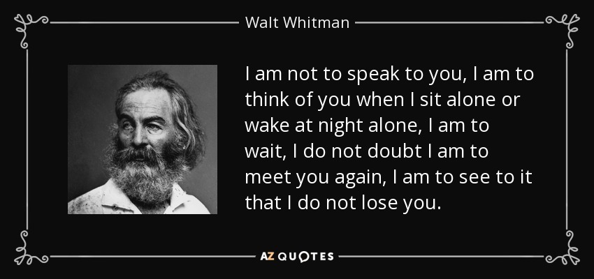 I am not to speak to you, I am to think of you when I sit alone or wake at night alone, I am to wait, I do not doubt I am to meet you again, I am to see to it that I do not lose you. - Walt Whitman