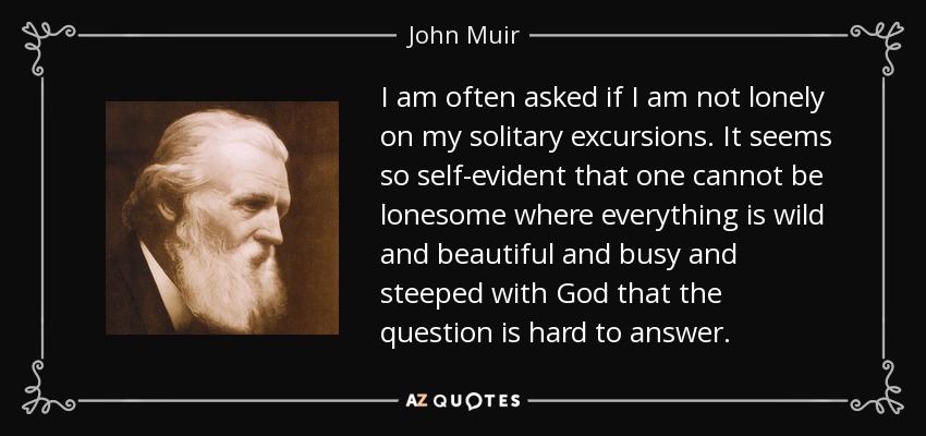 I am often asked if I am not lonely on my solitary excursions. It seems so self-evident that one cannot be lonesome where everything is wild and beautiful and busy and steeped with God that the question is hard to answer. - John Muir