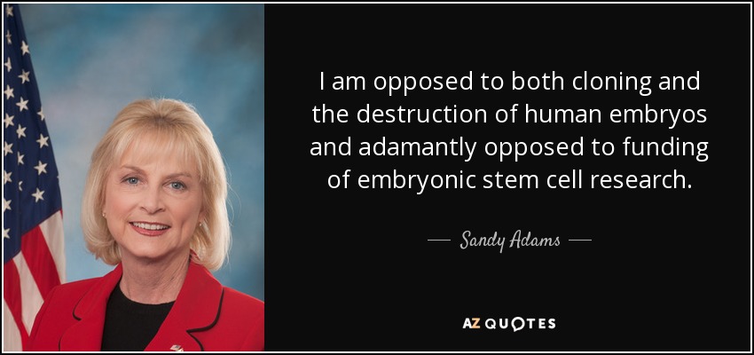 I am opposed to both cloning and the destruction of human embryos and adamantly opposed to funding of embryonic stem cell research. - Sandy Adams