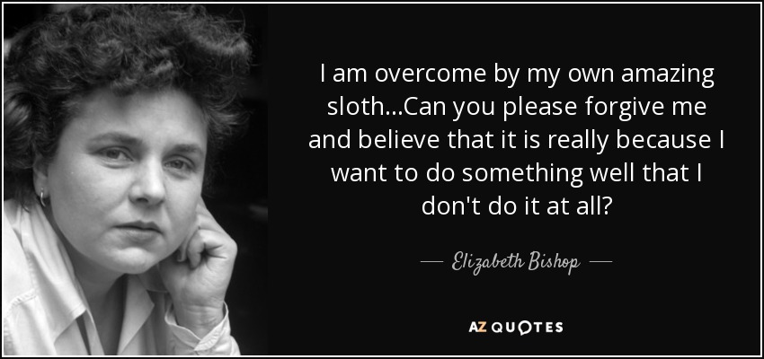 I am overcome by my own amazing sloth...Can you please forgive me and believe that it is really because I want to do something well that I don't do it at all? - Elizabeth Bishop