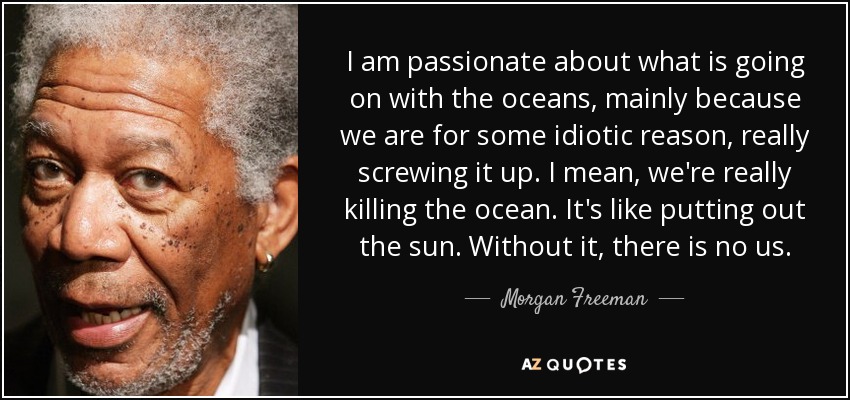 I am passionate about what is going on with the oceans, mainly because we are for some idiotic reason, really screwing it up. I mean, we're really killing the ocean. It's like putting out the sun. Without it, there is no us. - Morgan Freeman