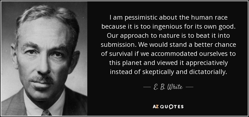 I am pessimistic about the human race because it is too ingenious for its own good. Our approach to nature is to beat it into submission. We would stand a better chance of survival if we accommodated ourselves to this planet and viewed it appreciatively instead of skeptically and dictatorially. - E. B. White