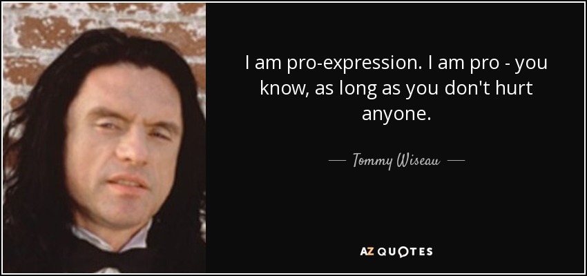 I am pro-expression. I am pro - you know, as long as you don't hurt anyone. - Tommy Wiseau
