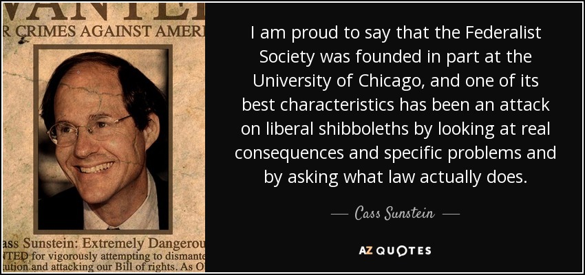 I am proud to say that the Federalist Society was founded in part at the University of Chicago, and one of its best characteristics has been an attack on liberal shibboleths by looking at real consequences and specific problems and by asking what law actually does. - Cass Sunstein