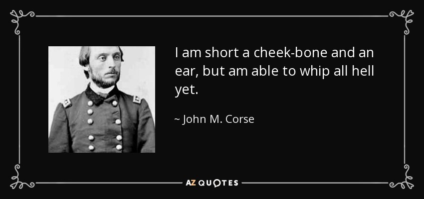 I am short a cheek-bone and an ear, but am able to whip all hell yet. - John M. Corse