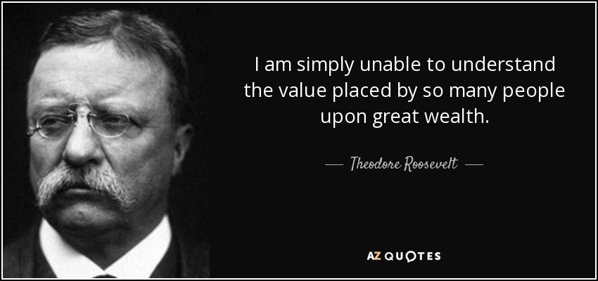 I am simply unable to understand the value placed by so many people upon great wealth. - Theodore Roosevelt