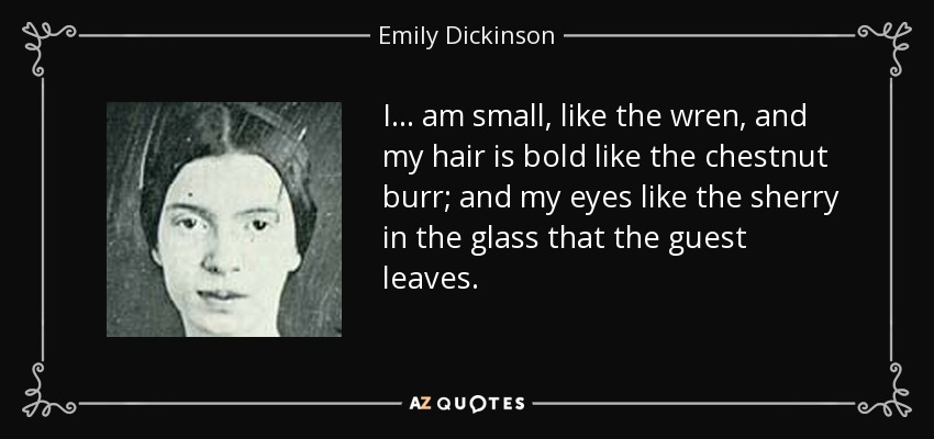 I . . . am small, like the wren, and my hair is bold like the chestnut burr; and my eyes like the sherry in the glass that the guest leaves. - Emily Dickinson