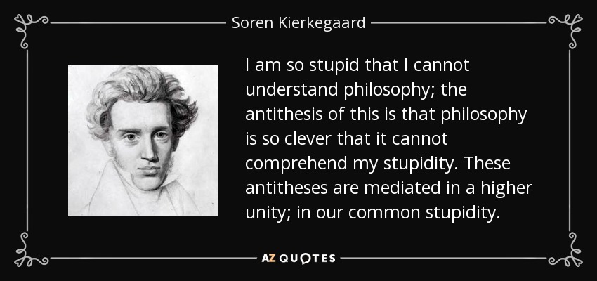 I am so stupid that I cannot understand philosophy; the antithesis of this is that philosophy is so clever that it cannot comprehend my stupidity. These antitheses are mediated in a higher unity; in our common stupidity. - Soren Kierkegaard